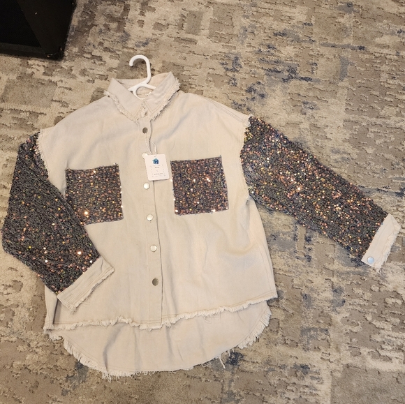 NWT HIMYTHE Beige Oversized Twill Denim Sequin Shacket Sparkle Large - Picture 6 of 17